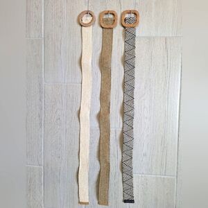 Set Of 3 Straw Woven Stretch Belts  - Tan, Cream, Black/White